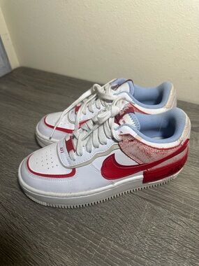 Nike Air Force 1 Shadow Shoes Womens Size 7 White Red CI0919-108 Leather